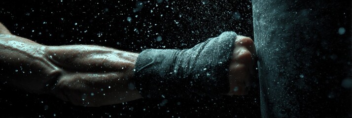 Aufkleber - Impact Moment of a Muscular Arm Striking a Punching Bag With Visible Sweat Droplets in a Dark Training Environment During an Evening Workout Session