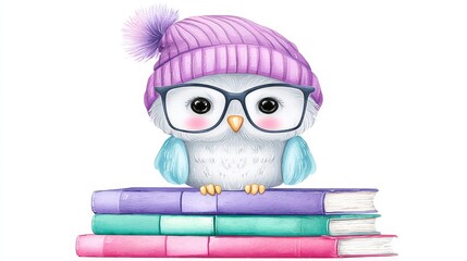  Wise Owl's Winter Reading - A cute baby owl, wearing glasses and a purple hat, sits on a stack of colorful books, symbolizing knowledge, wisdom, learning, childhood, and winter