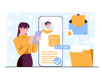 Poster - Woman using a tablet to manage schedule, with smartphone interface, envelope, and folders on soft blue background with circles. Concept of time management. Vector illustration