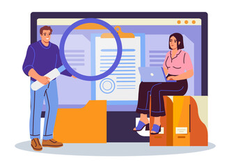 Poster - Man holding magnifying glass and woman working on laptop in front of large screen with clipboard document, colorful flat style, white background. Concept of data analysis. Vector illustration