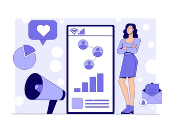 Poster - Woman standing near large smartphone screen with charts, graphs, and marketing icons in flat graphic style on light background. Concept of online promotion. Vector illustration