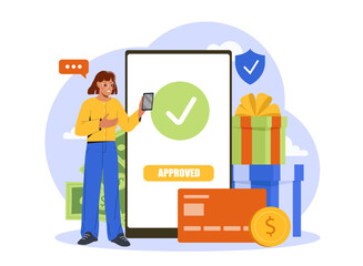 Poster - Woman holding smartphone near large screen with check mark and approved message, flat style, on white background. Concept of digital payment success. Vector illustration