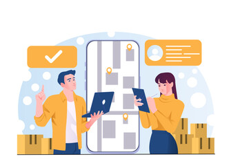 Poster - Two people using digital devices for tracking and managing delivery logistics, flat style, with a smartphone and boxes on a white background. Concept of shipment tracking. Vector illustration