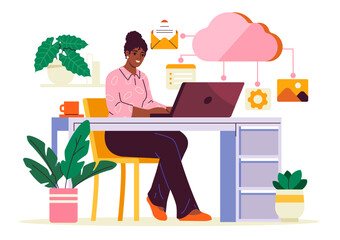 Poster - Woman working on laptop at office desk, surrounded by cloud computing icons, documents and plants, in flat style on white background. Concept of cloud storage. Vector illustration
