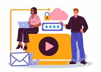 Poster - Two people working on cybersecurity with icons of email, cloud, lock, and password, modern flat style, on white background, concept of data protection. Vector illustration