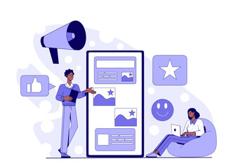 Poster - Two people collaborating on a digital marketing project with a giant smartphone screen, icons, and interface elements, on a white background. Concept of online media strategy. Vector illustration