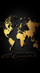 Poster - Golden world map illustration on a dark background. Represents global connectivity with detailed continent outlines. Perfect for international themes.