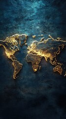 Poster - golden world map illuminated against blue textured background representing global connections