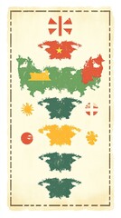 Poster - Stylized illustration of map shapes and flags on a textured parchment background. Featuring various colorful country outlines with a vintage, aged appearance.