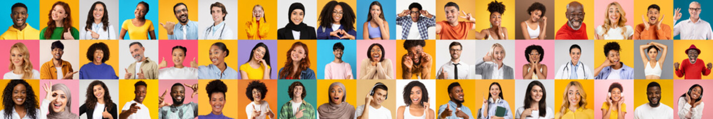 Poster - A vibrant collage features a diverse group of individuals expressing various emotions. Each person represents different backgrounds, celebrating unity and diversity in a colorful setting.