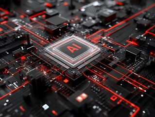 Poster - Advanced artificial intelligence circuit board rendering with red accents