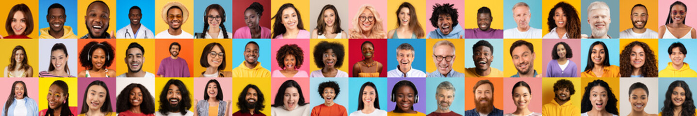 Poster - A colorful collection of smiling faces showcases the richness of diversity. Each person radiates joy, representing various backgrounds in a vivid setting.