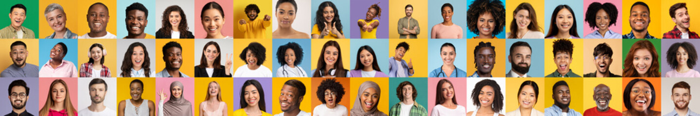 Poster - Capturing a vibrant collection of portraits, this collage showcases a diverse group of people sharing joyful expressions against bright backgrounds.