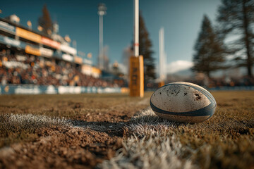 Fototapete - rugby field at dusk, puma branded ball and goal post flag on artificial turf, sparse crowd in the di