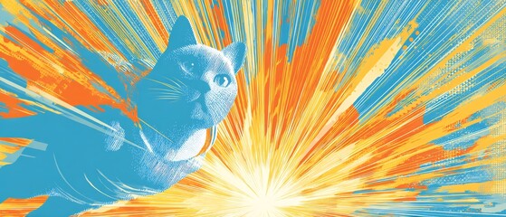 Poster - Vibrant Feline: A Stylized Cat Portrait with Bursting Energetic Background