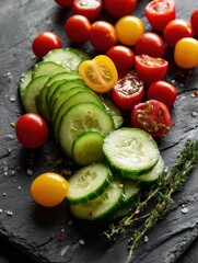 Poster - Freshly Sliced Cucumbers and Vibrant Cherry Tomatoes Arranged on a Slate Platter for a Healthy Snack or Salad Option