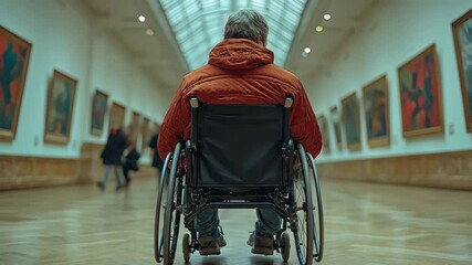 Wall Mural - A person in a wheelchair gazes at art in a gallery, highlighting accessibility in modern spaces.