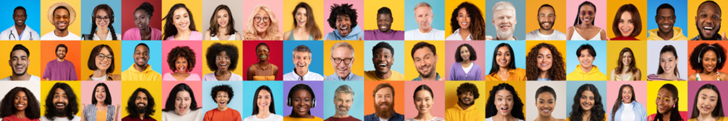 Poster - A lively collection of diverse faces captured in portraits, highlighting a range of joyful expressions. This colorful collage celebrates diversity and unity in a bright, isolated background.