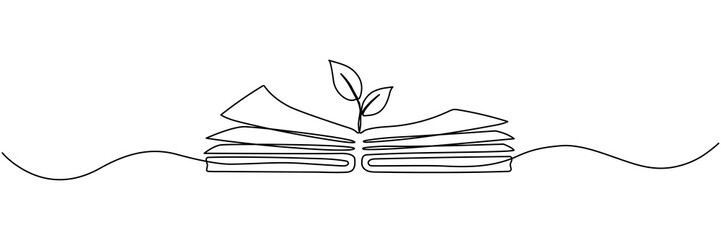 Poster - Open book with sprout plant continuous line drawing. Growing wisdom concept. Vector illustration isolated on white.
