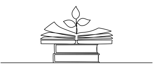 Poster - Open book with sprout plant continuous line drawing. Growing wisdom concept. Vector illustration isolated on white.