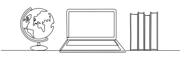 Poster - Continuous line drawing of laptop with book and globe. Online education concept. Vector illustration isolated on white.
