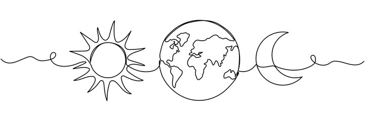 Wall Mural - Continuous line drawing of sun with moon and Earth globe. Vector illustration isolated on white.