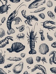 Poster - Hand-drawn Seafood Icons Arranged Beautifully on a Neutral Background Showcasing Various Marine Life and Shellfish