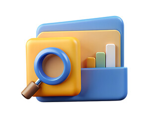 Poster - 3d rendering icon of a magnifying glass analyzing financial growth and business bar charts on a folder illustration