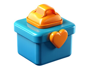 Poster - A vibrant 3d rendering icon of a blue gift box with an orange heart and top symbolizing love and presents.