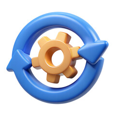 Poster - A vibrant 3d rendering icon of a gear inside a blue circular arrow, symbolizing process and update concept.