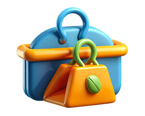 Poster - Delightful 3d rendering of a cute handbag icon sitting beside a charming blue bucket shaped container and its handle on black land transportation isolated background