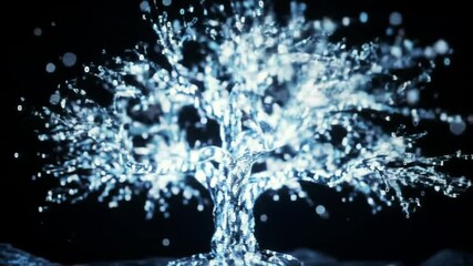 Glowing digital tree with binary code branches against a dark background with bokeh effect