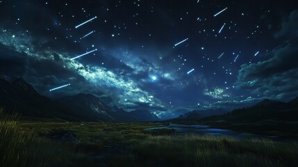 Wall Mural - majestic night landscape with shooting stars over mountains and valley sky way art dark blue calm
