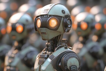 Poster - Robots equipped with helmet transformation effects march in unison during a futuristic display, The robot puts on a helmet with the effect of transformation and looks up