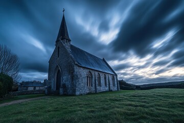 Poster - Timelapse view of a historic church in Normandy under dramatic cloudy skies, Low angle timelapse, church in Normandy