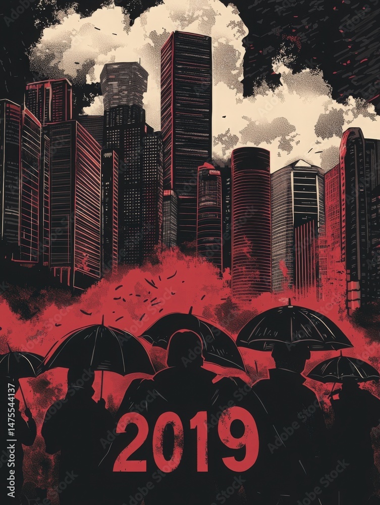 Crowds holding umbrellas stand against a backdrop of towering skyscrapers shrouded in smoke and red hues, representing a moment of dissent and unity in an urban space during 2019.