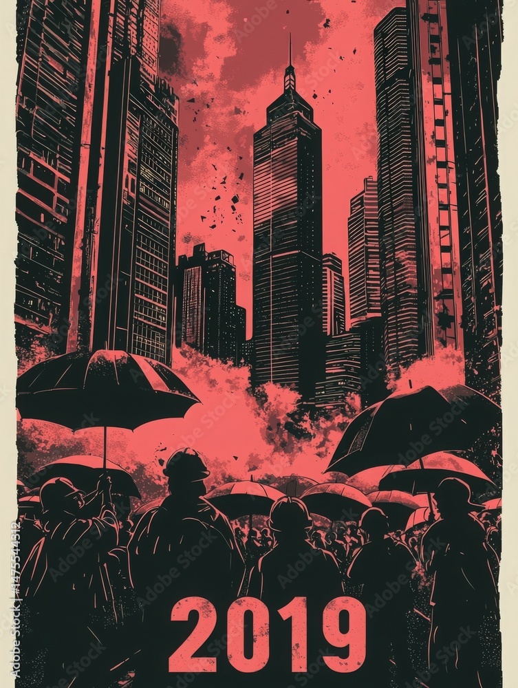 Crowds of protesters stand in a cityscape, holding black umbrellas against a backdrop of skyscrapers. The atmosphere is intense and dramatic, marked by red hues and a strong sense of activism.