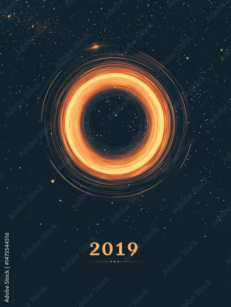 A glowing circular shape emits an orange light against a dark starry sky. The year 2019 is visible at the bottom, enhancing the cosmic and mysterious atmosphere.