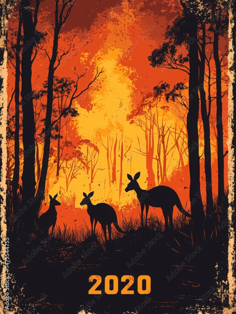 Kangaroos stand silently in a blackened forest, silhouetted against a bright orange and yellow blaze.