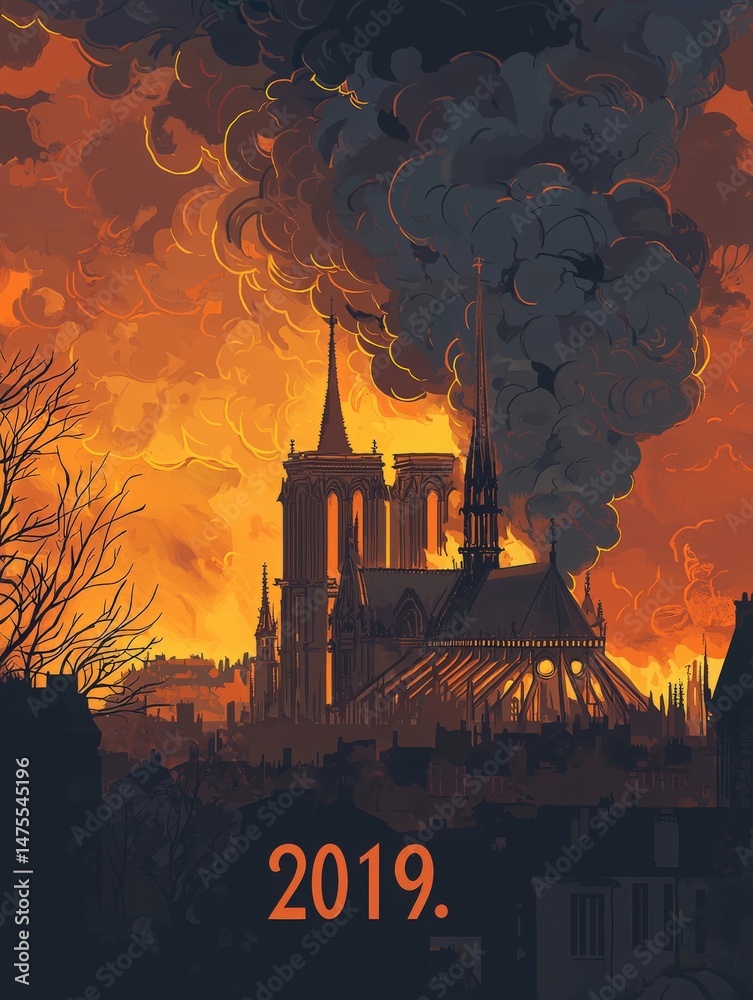 Smoke billows from Notre Dame Cathedral, illuminated by a fiery orange sky. The scene captures the devastation and urgency of a significant event that took place in 2019.