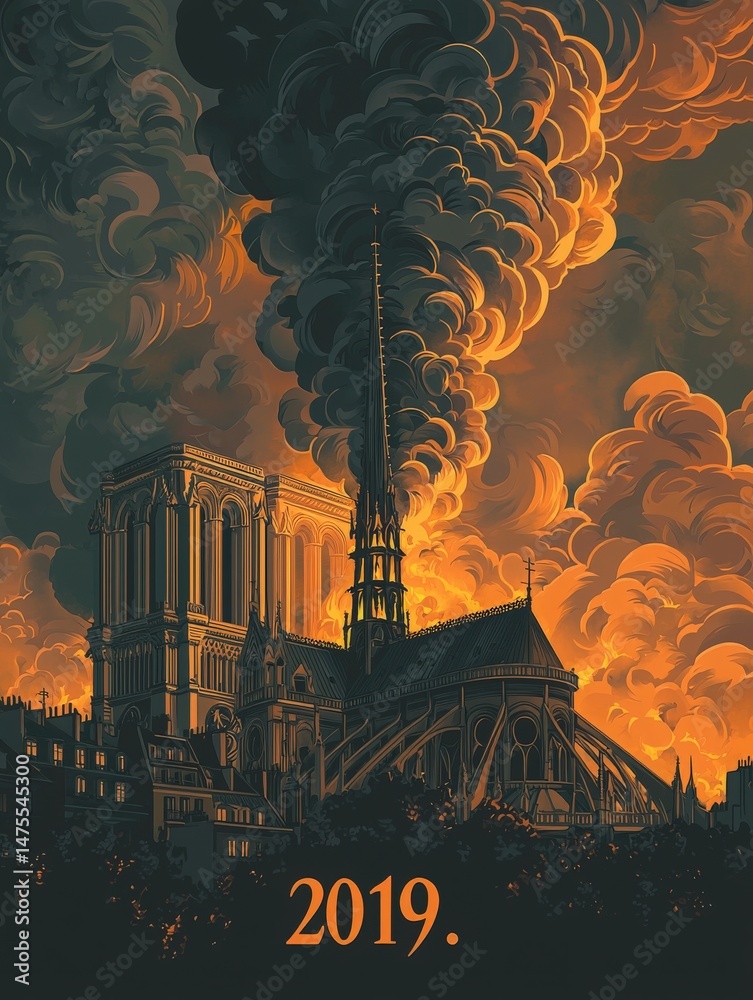 The iconic Notre Dame Cathedral is engulfed in flames with thick smoke billowing into the sky at sunset. The historic structure is illuminated by the blaze, marking a tragic moment in 2019.