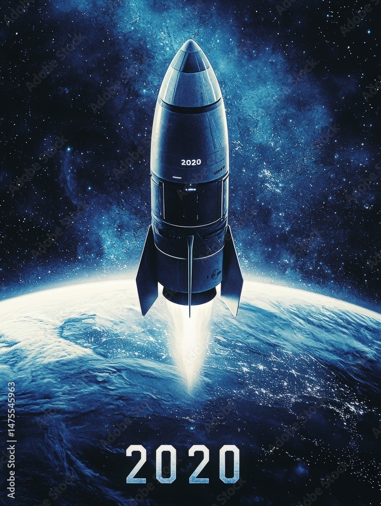 A rocket ascends from the surface of Earth against a cosmic backdrop, highlighting the year 2020. This futuristic design captures the excitement and ambition of space exploration.