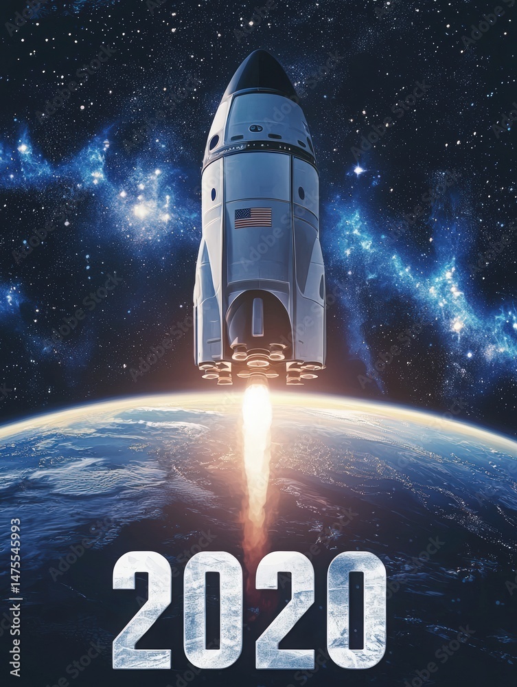 A rocket ascends from Earth, leaving behind a trail of fire. The view captures the planet below and a vast, starry cosmos in the background, marking a significant moment in 2020.