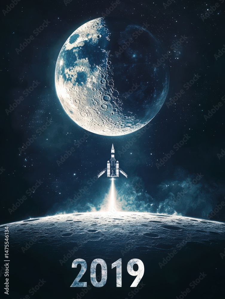 A rocket blasts off toward a bright full moon, surrounded by a star-filled night sky. The scene captures the vastness of space and the thrill of exploration, marked with the year 2019.