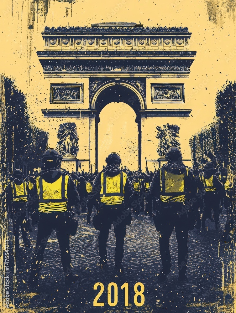 Protesters wearing yellow vests stand facing the iconic Arc de Triomphe in Paris during a major demonstration in 2018, showing solidarity and demanding change in social policies.