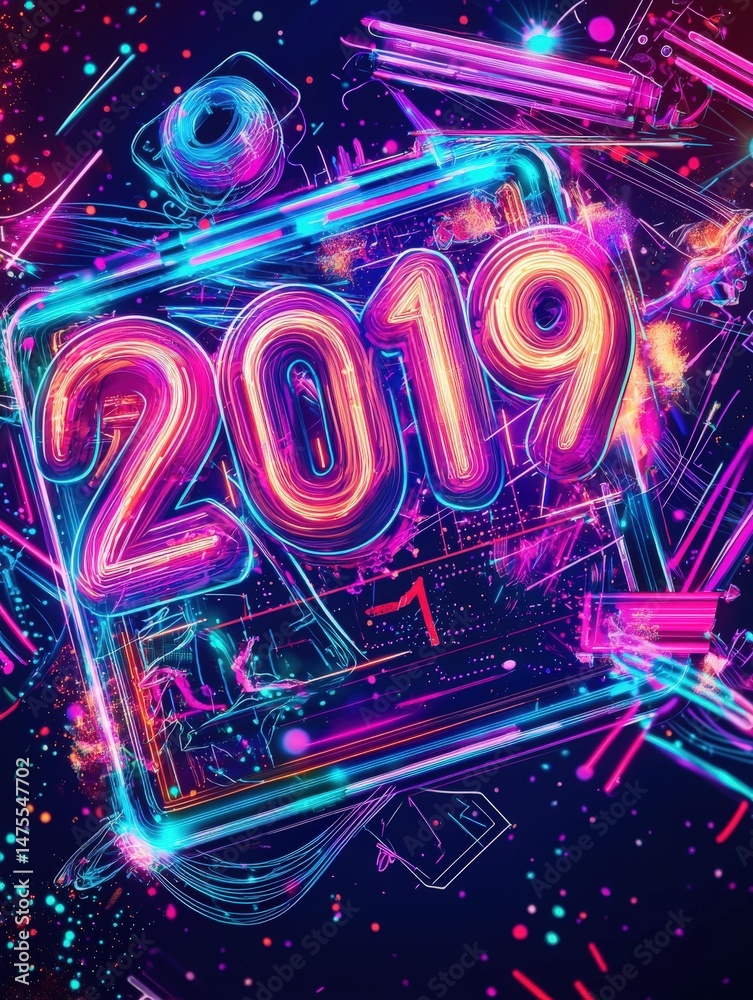 Colorful neon lights form the numbers 2019, surrounded by abstract shapes and dynamic elements. This visually striking artwork embodies excitement and energy, perfect for a New Years celebration.