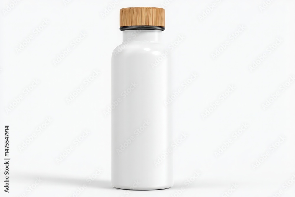 A sleek white water bottle featuring a wooden lid sits on a clean surface, ideal for outdoor activities or daily hydration needs. The minimalist design enhances its practicality and aesthetics.