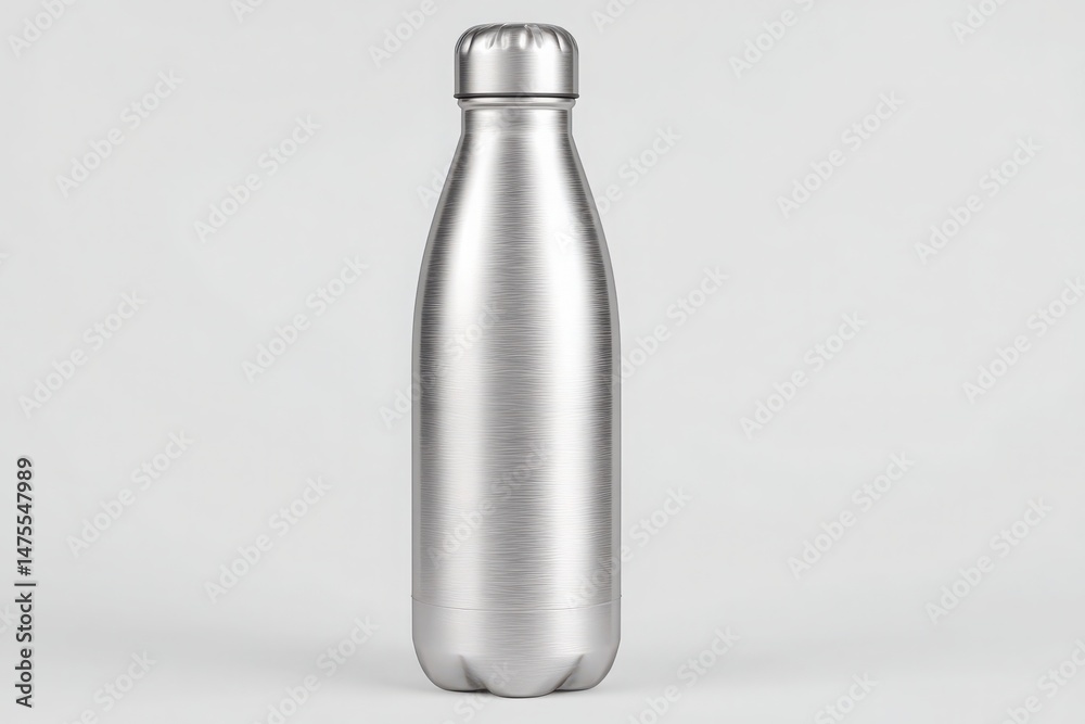 This stainless steel water bottle stands upright on a plain background. Its smooth, shiny exterior reflects light, showcasing a modern and minimalist design perfect for daily hydration.
