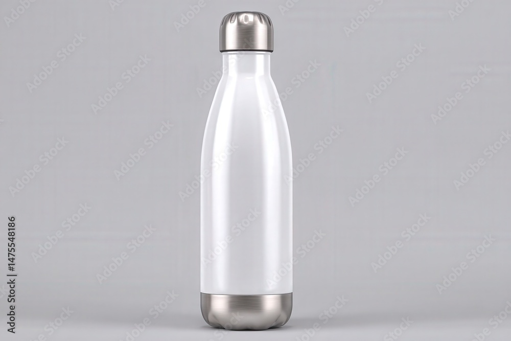 A clean, modern stainless steel water bottle stands upright on a neutral gray background. Its smooth surface reflects light, showcasing an elegant and minimalistic design.