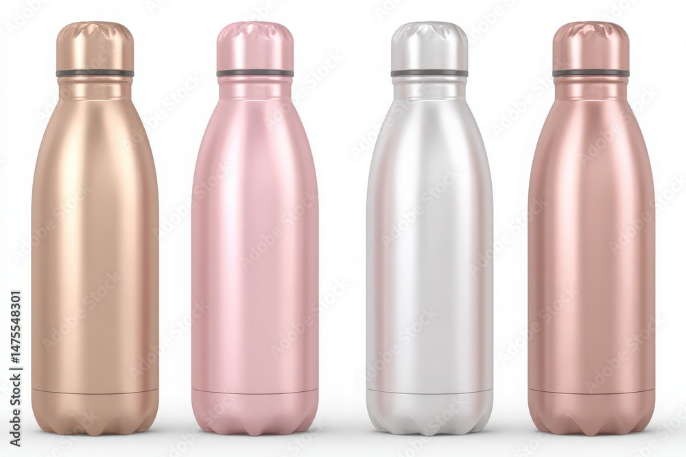 Four sleek insulated water bottles in metallic rose gold, silver, and copper colors are arranged in a row, showcasing their contemporary design and practical features for hydration on the go.